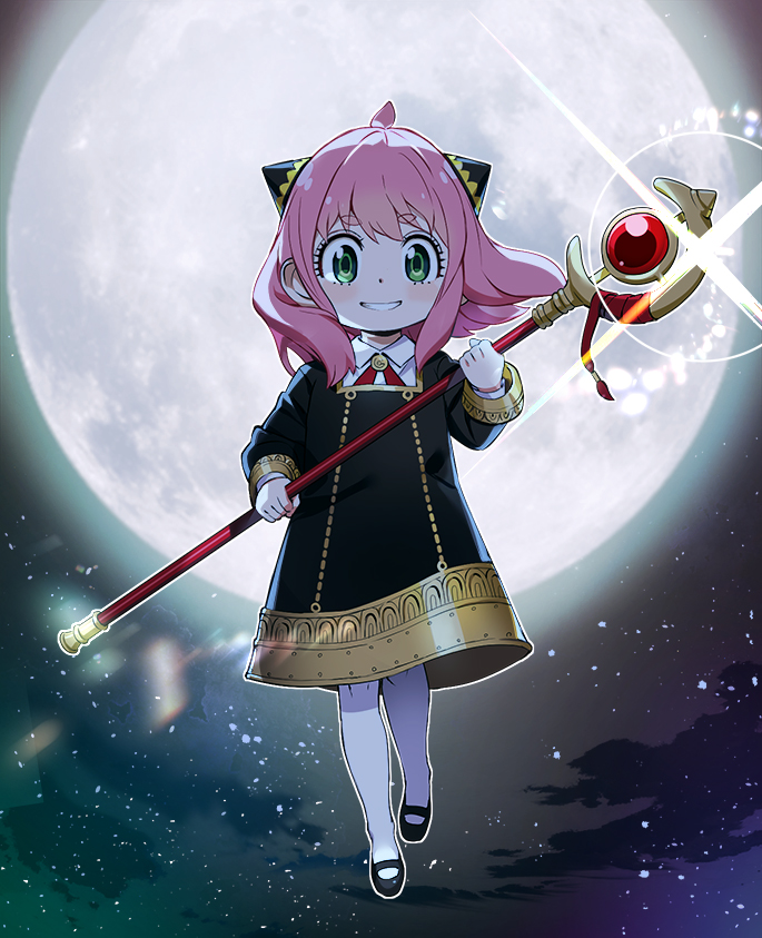 1girl ahoge anya_(spy_x_family) black_dress black_footwear blush_stickers collared_shirt commentary_request dot_nose dress eden_academy_school_uniform floating_hair frieren full_body full_moon glint gold_trim green_eyes grin hairpods holding holding_staff long_sleeves looking_at_viewer mage_staff mary_janes medium_dress medium_hair moon neck_ribbon night nyoro_(nyoronyoro000) pantyhose pink_hair red_ribbon ribbon scene_reference school_uniform shirt shoes short_eyebrows smile solo sousou_no_frieren spy_x_family staff star_(sky) tanezaki_atsumi thick_eyebrows voice_actor_connection white_pantyhose white_shirt
