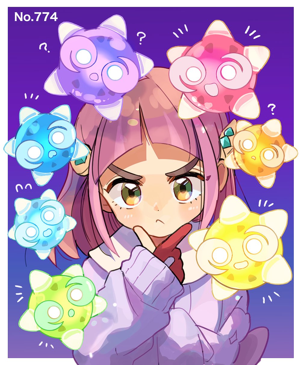 1girl :d :o ? arched_bangs blue_background border commentary_request dot_nose frown gloves gradient_background highres lacey_(pokemon) minior minior_(blue_core) minior_(core) minior_(green_core) minior_(indigo_core) minior_(orange_core) minior_(red_core) minior_(violet_core) minior_(yellow_core) mismatched_eyebrows notice_lines outside_border pink_hair pokemon pokemon_(creature) pokemon_sv purple_background red_gloves simple_background smile thinking two-tone_background upper_body v-shaped_eyebrows white_border yunme