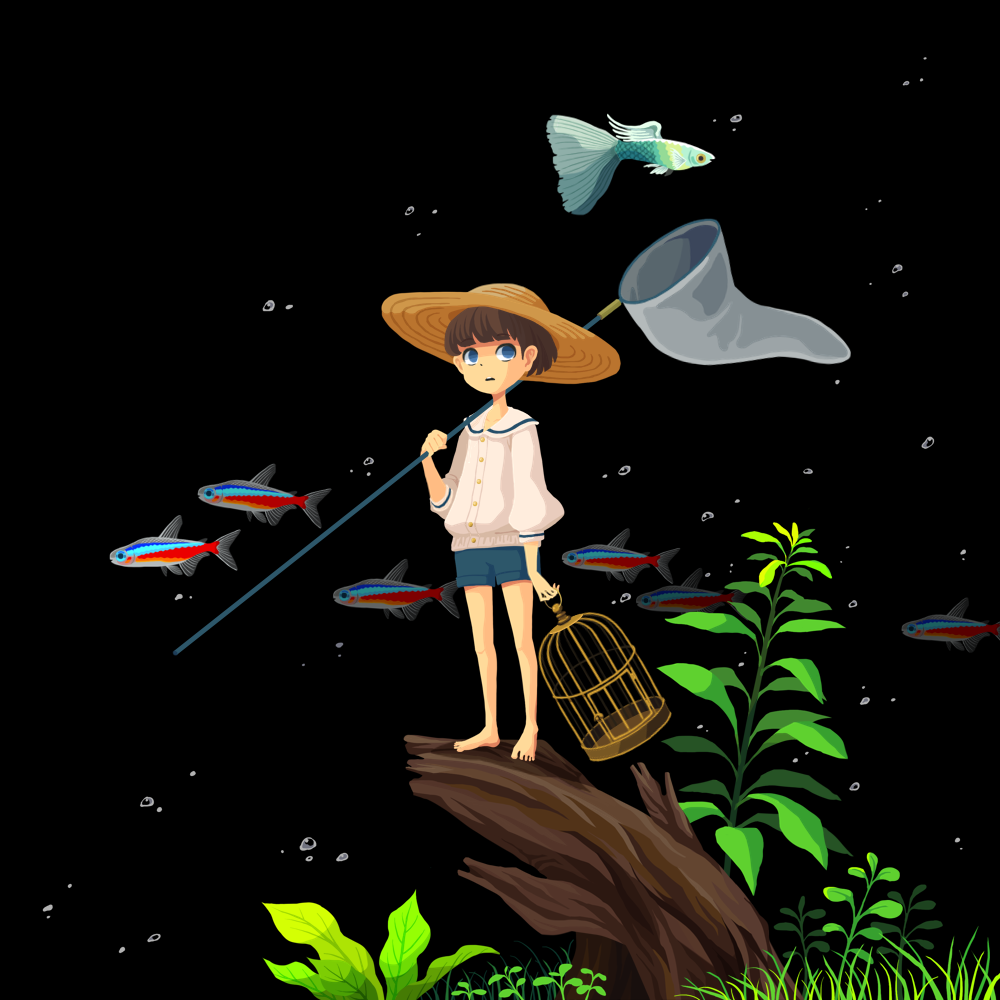 1girl barefoot birdcage black_background blue_eyes blue_shorts blunt_bangs brown_hair bubble buttons cage closed_mouth collared_sweater fish grass hat holding holding_net long_sleeves looking_to_the_side nona_drops original plant short_hair shorts simple_background solo standing straw_hat sweater white_sweater