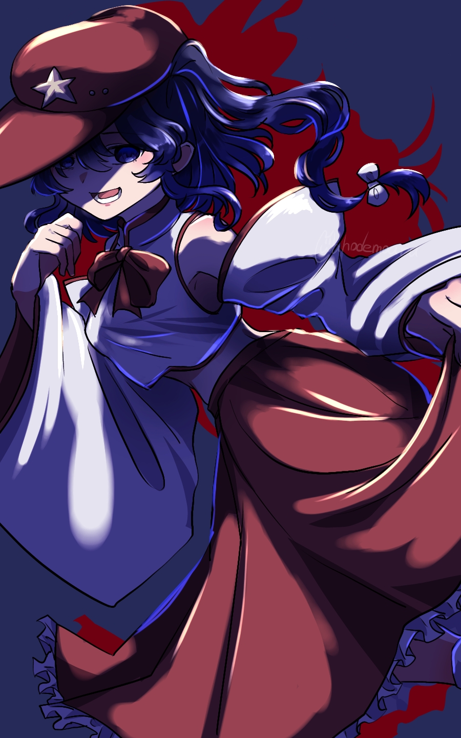 1girl ahodemoaru bare_shoulders bow bowtie breasts cabbie_hat feet_out_of_frame flat_cap frilled_skirt frills hat hat_ornament highres label_girl_(dipp) long_hair long_sleeves looking_at_viewer mandarin_collar midriff nontraditional_miko open_mouth purple_hair red_bow red_bowtie red_skirt shirt side_ponytail skirt skirt_hold sleeveless sleeveless_shirt small_breasts solo star_(symbol) star_hat_ornament touhou violet_eyes white_shirt white_sleeves wide_sleeves