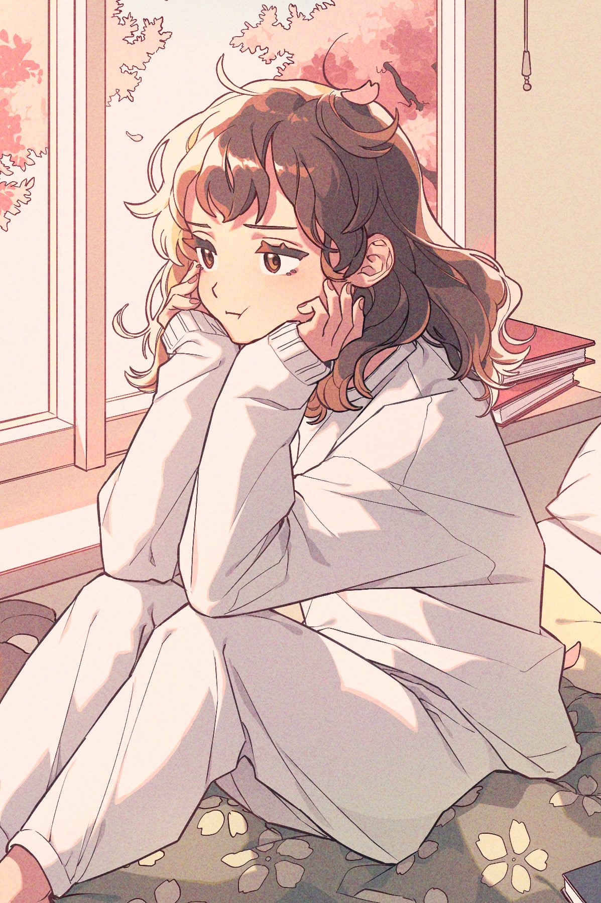 1girl :t blanket book brown_eyes brown_hair cherry_blossoms closed_mouth day floral_print hands_up highres indoors long_hair long_sleeves messy_hair on_bed original pajamas pants penguyeon pillow shirt sitting sky solo white_pajamas white_pants white_shirt window windowsill