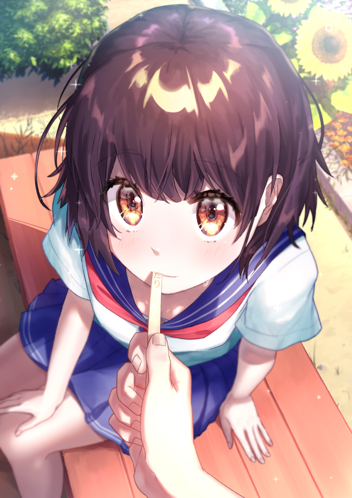 1girl 1other bare_legs blue_sailor_collar blue_skirt blush breasts brown_eyes brown_hair bush commentary_request feeding flower from_above garden hand_on_own_leg holding holding_stick light_rays looking_at_viewer matsunashi_noe messy_hair neckerchief on_bench original outdoors pleated_skirt pov pov_hands red_neckerchief sailor_collar shirt short_hair short_sleeves sitting skirt small_breasts sparks stick sunbeam sunflower sunlight sweatdrop white_shirt