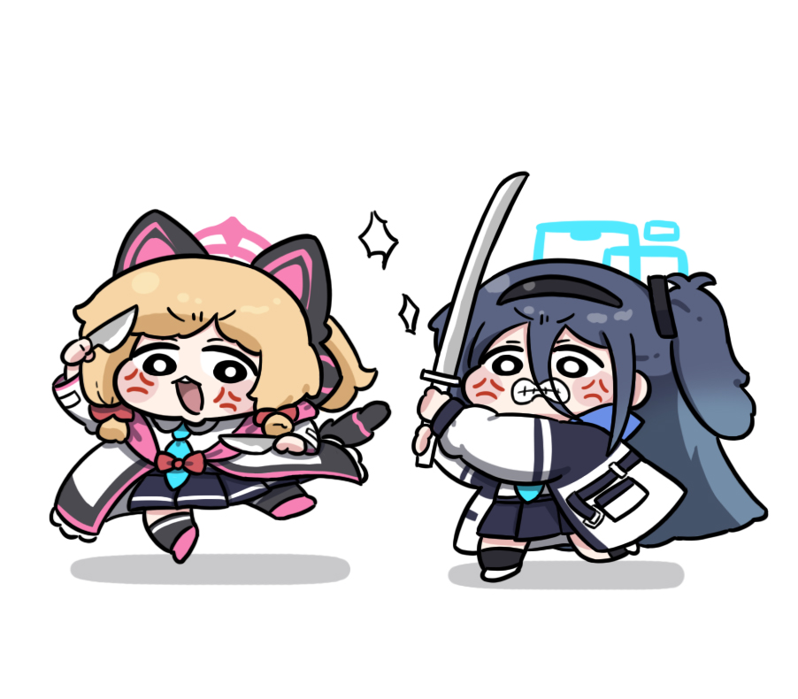 2girls absurdly_long_hair anger_vein animal_ear_headphones animal_ears aris_(blue_archive) beleullin black_hair black_hairband black_skirt black_socks black_thighhighs blonde_hair blue_archive blue_halo blue_necktie bow chibi clenched_teeth collared_shirt death_momoi_(meme) dual_wielding fake_animal_ears full_body hair_bow hairband halo headphones holding holding_knife holding_sword holding_weapon jacket katana knife long_hair long_sleeves meme momoi_(blue_archive) multiple_girls necktie one_side_up open_clothes open_jacket pink_footwear pink_halo pleated_skirt red_bow shirt shoes short_hair simple_background skirt socks sword teeth thigh-highs very_long_hair weapon white_background white_footwear white_jacket white_shirt