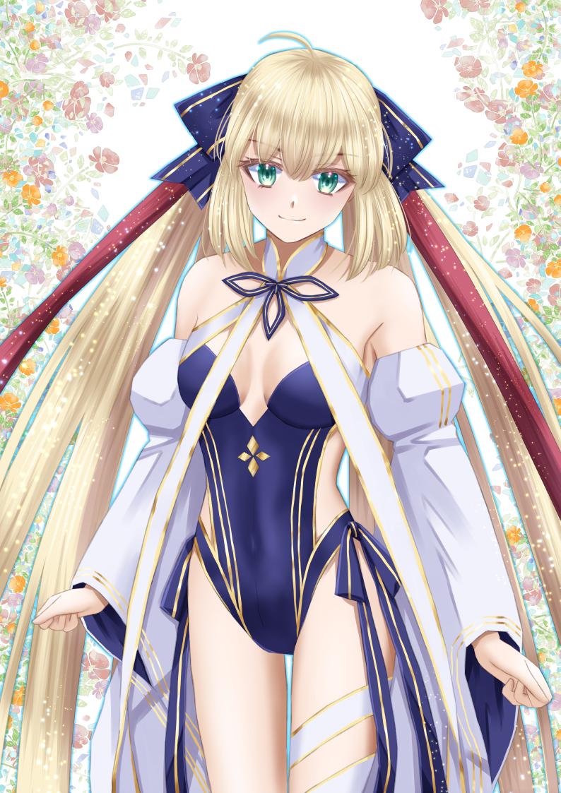 1girl ahoge aowasa artoria_caster_(fate) artoria_caster_(swimsuit)_(fate) artoria_caster_(third_ascension)_(fate) artoria_pendragon_(fate) blonde_hair bow breasts detached_sleeves fate/grand_order fate_(series) floral_background flower green_eyes hair_bow looking_at_viewer medium_breasts one-piece_swimsuit solo swimsuit twintails