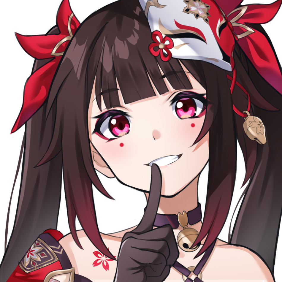 1girl :d bare_shoulders bell black_choker black_gloves blush bow brown_hair choker collarbone finger_to_mouth fox_mask gloves grin hair_bow head_tilt honkai:_star_rail honkai_(series) index_finger_raised long_hair looking_at_viewer mask mask_on_head neck_bell open_mouth portrait red_bow sidelocks simple_background smile solo sparkle_(honkai:_star_rail) teeth tokutei_(pixiv_103856550) twintails white_background