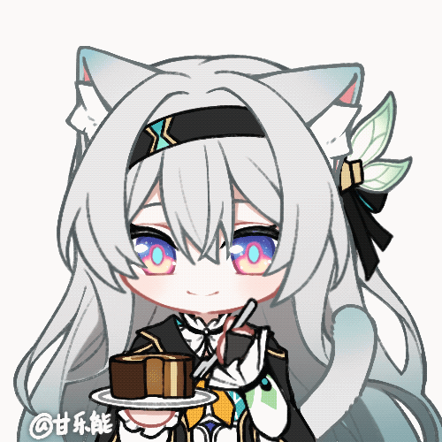 1girl animal_ears animated animated_gif black_gloves black_hairband black_jacket black_ribbon cake cat_ears cat_tail chibi closed_mouth cropped_jacket eating fingerless_gloves firefly_(honkai:_star_rail) food fork gan_le_buneng gloves gold_trim hair_ribbon hairband holding holding_fork holding_plate honkai:_star_rail honkai_(series) jacket looking_at_viewer lowres neckerchief plate ribbon simple_background smile solo swiss_roll tail white_background yellow_neckerchief
