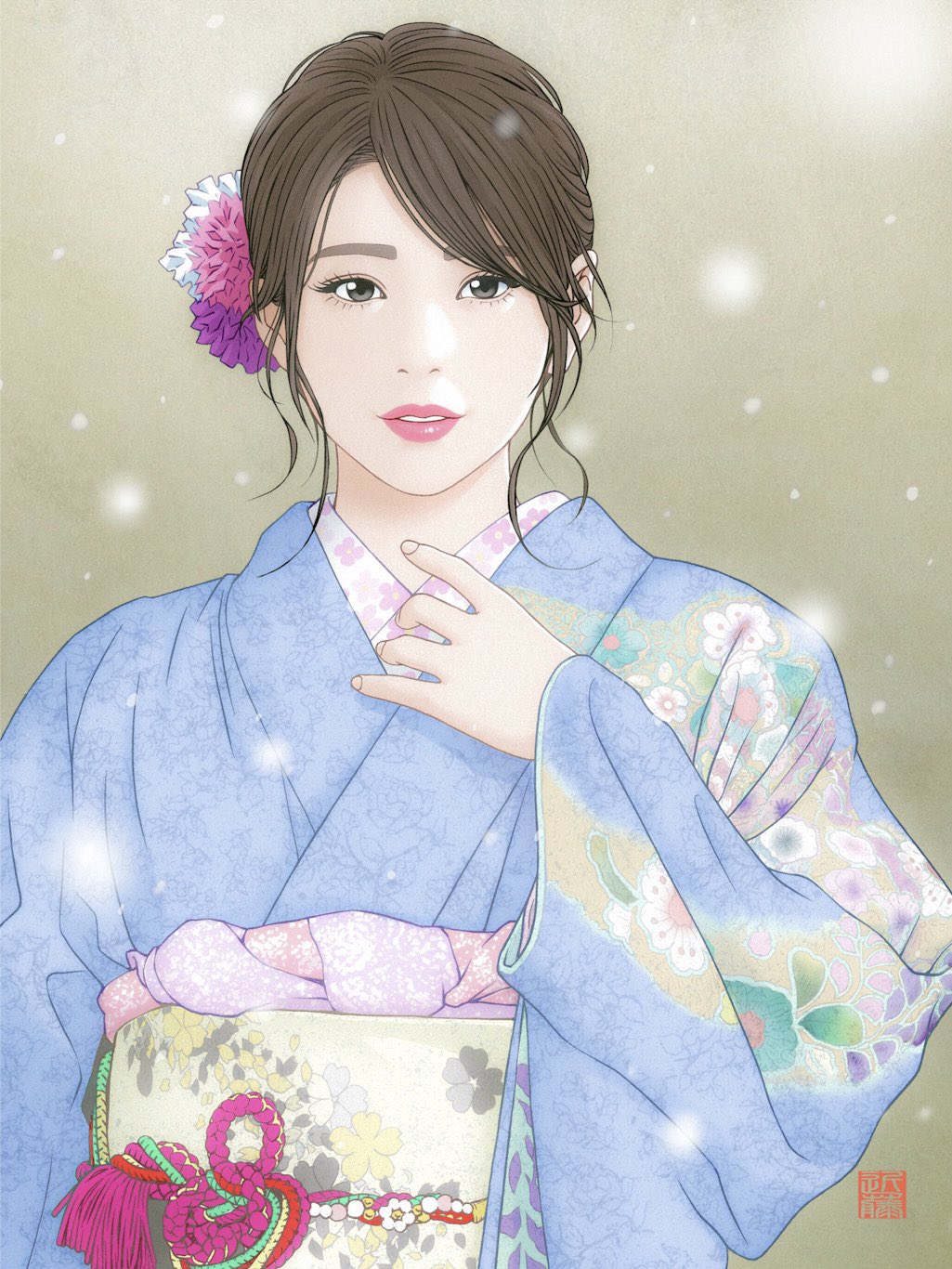 1girl blue_kimono brown_hair flower grey_eyes hair_behind_ear hair_flower hair_ornament hand_on_own_chest highres japanese_clothes kimono kondo_koji_(kojikon) looking_at_viewer obi parted_lips pink_flower purple_flower real_life sash sawa_sumire smile snowing solo straight-on upper_body