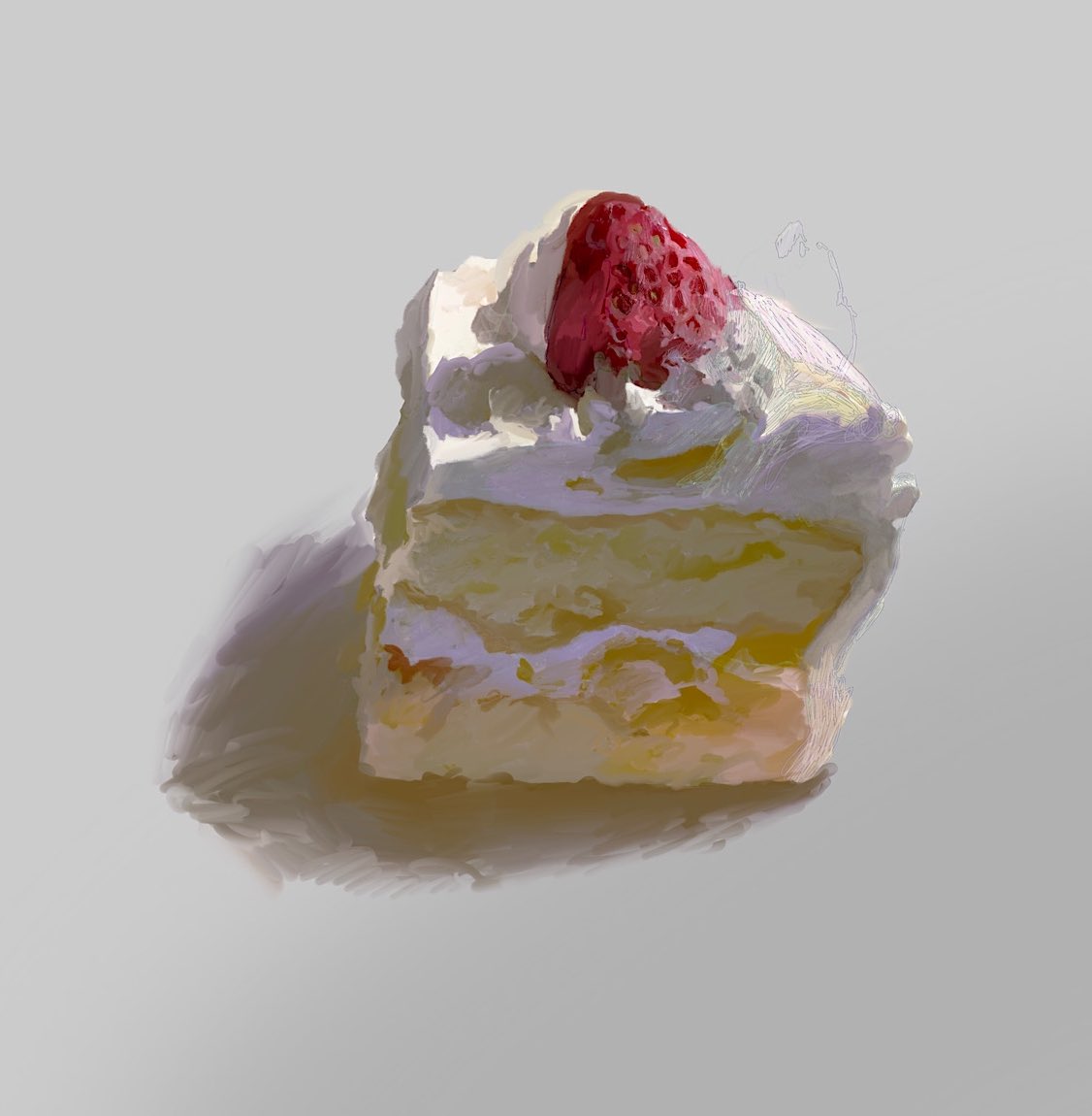 cake cake_slice food fruit grey_background no_humans original painterly sara_(srsrmrmr) shadow still_life strawberry strawberry_shortcake