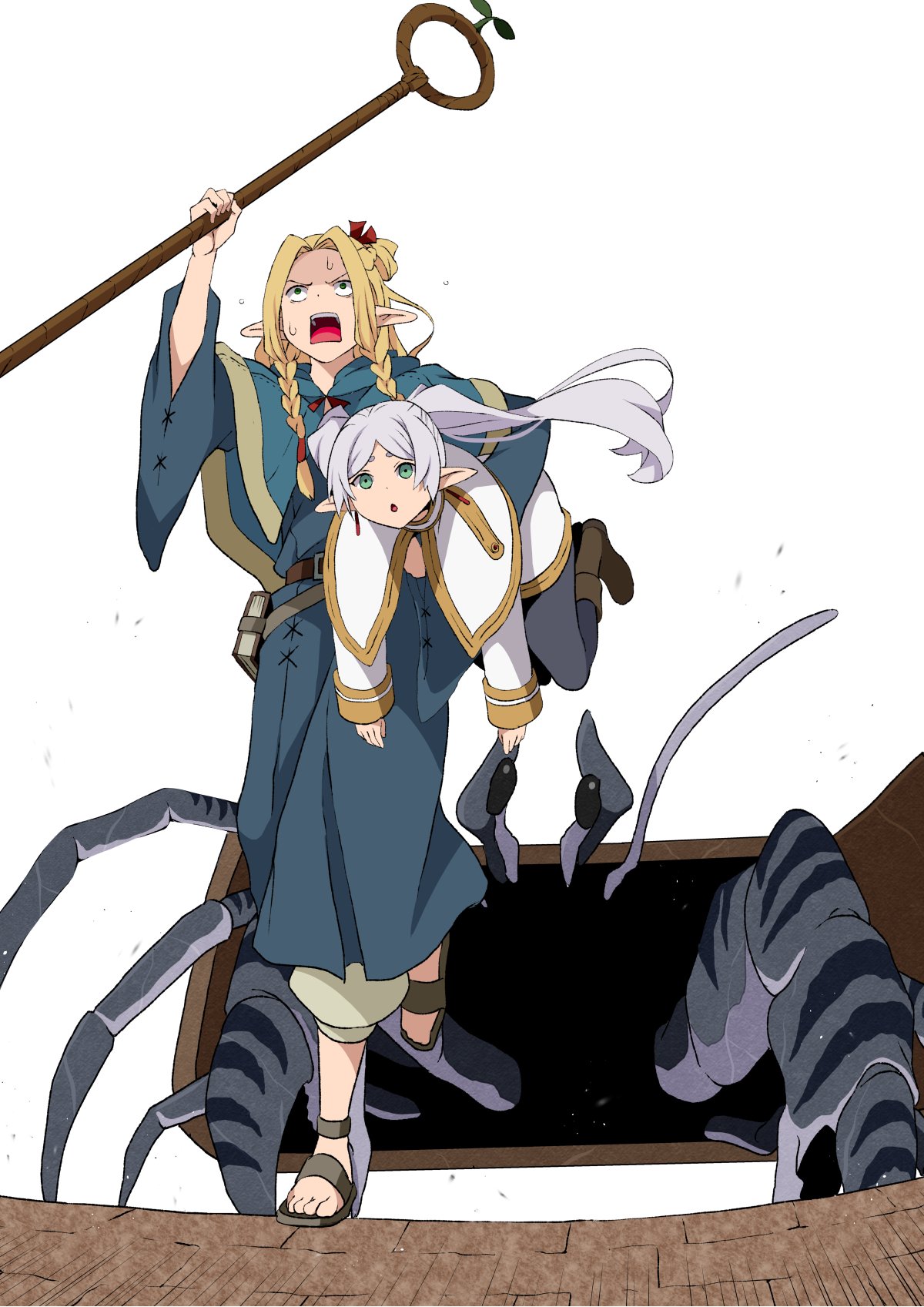 2girls blonde_hair book boots capelet crossover dungeon_meshi elf fleeing frieren green_eyes highres lifting_person long_hair marceline_abadeer mimic monster multiple_girls pants pointy_ears robe running sandals simple_background sousou_no_frieren staff sweat sweatdrop twintails white_background white_hair yasehattagi