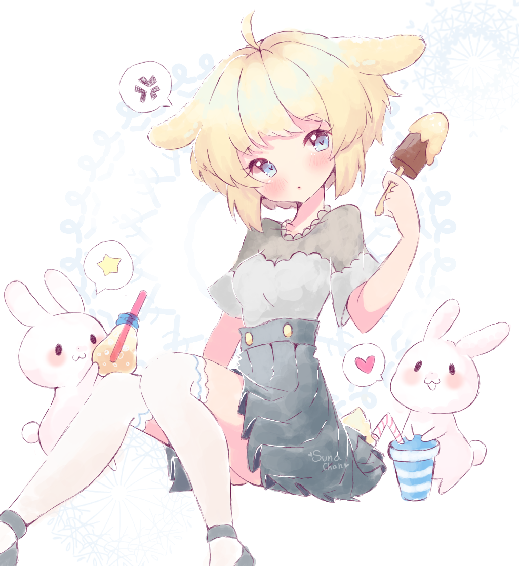1girl :o anger_vein animal_ears black_footwear black_skirt blonde_hair blue_eyes buttons commission cup disposable_cup drinking_straw eyelashes feet_out_of_frame floppy_ears food grey_shirt grey_sleeves heart heart_in_eye high-waist_skirt holding holding_food holding_popsicle lace-trimmed_shirt lace_trim light_blush looking_at_viewer mary_janes miniskirt original over-kneehighs parted_lips pink_lips pleated_skirt popsicle rabbit rabbit_ears rabbit_tail shirt shoes short_hair short_sleeves simple_background skirt socks solo spoken_anger_vein spoken_heart spoken_star star_(symbol) suna--chan symbol_in_eye tail thigh-highs white_background white_socks