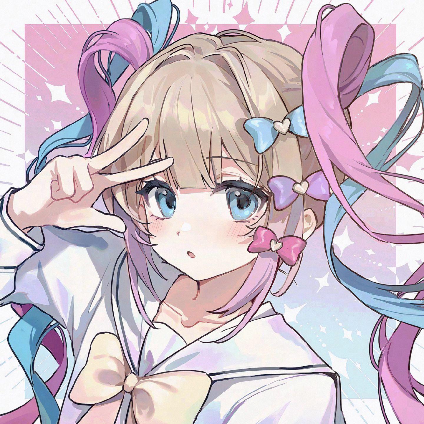 1girl blue_eyes blunt_bangs blush bow bowtie check_source chouzetsusaikawa_tenshi-chan gradient_background guoshixing hair_bow hand_up highres long_hair long_sleeves looking_at_viewer multicolored_hair multiple_hair_bows needy_girl_overdose parted_lips portrait quad_tails sailor_collar sailor_shirt shirt sidelocks simple_background solo source_request sparkle w white_background white_sailor_collar white_shirt yellow_bow yellow_bowtie