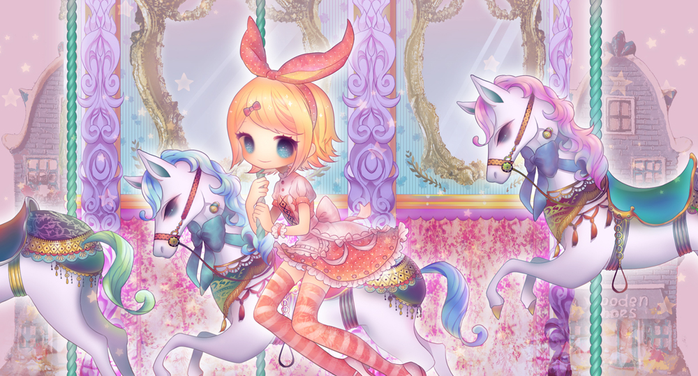 1girl back_bow blonde_hair blue_eyes bow carousel dress hair_bow hairband happy holding holding_pole horseback_riding idola kagamine_rin light_blush looking_at_viewer pink_bow pink_dress pink_hairband pink_thighhighs pole polka_dot polka_dot_bow puffy_short_sleeves puffy_sleeves riding short_hair short_sleeves sidelocks smile solo striped_clothes striped_thighhighs swept_bangs thigh-highs vocaloid white_bow white_horse white_sleeves