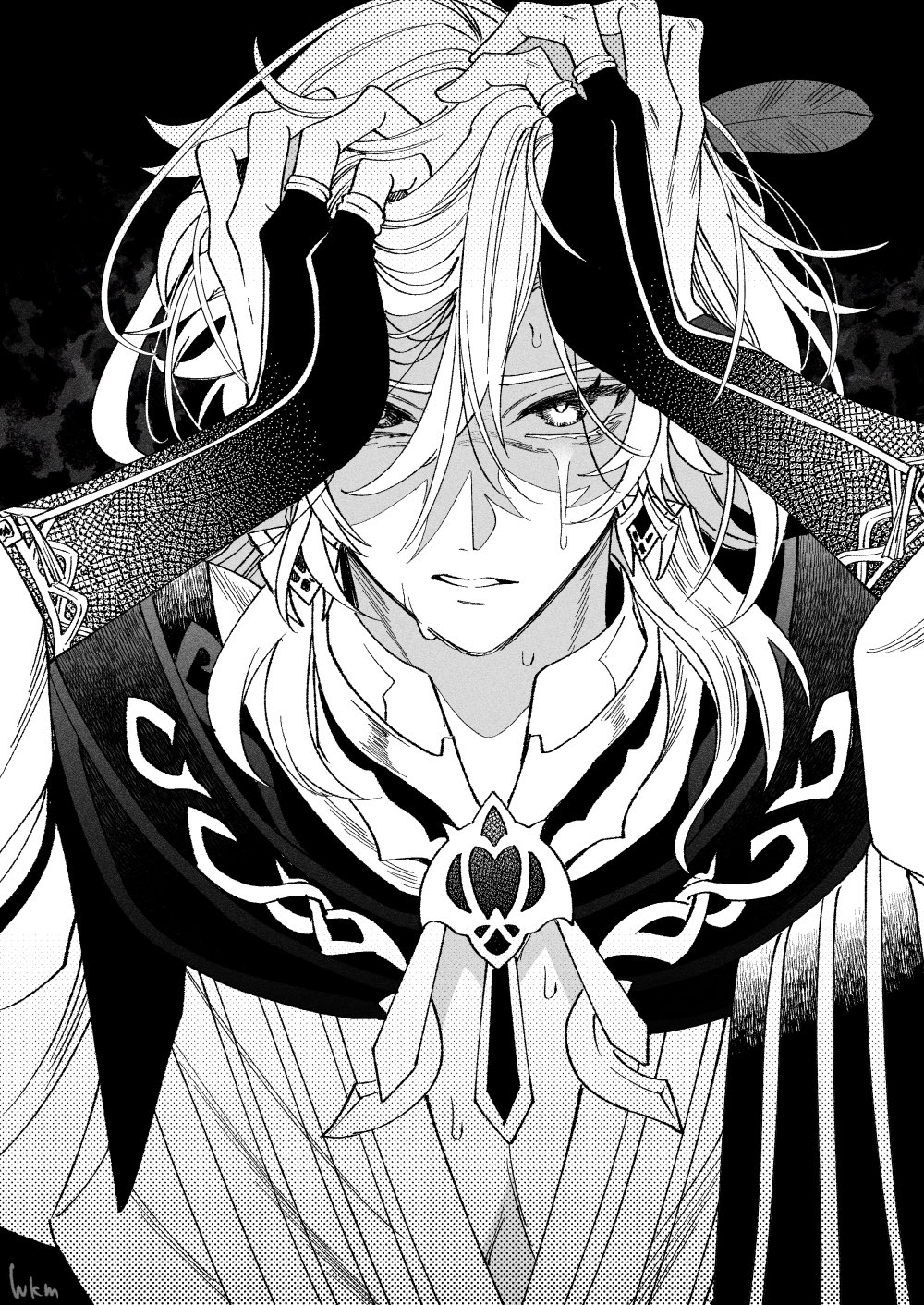 1boy black_background bridal_gauntlets crying earrings genshin_impact greyscale hair_between_eyes hands_on_own_head highres jewelry kaveh_(genshin_impact) looking_at_viewer monochrome shirt short_hair simple_background tears wokome