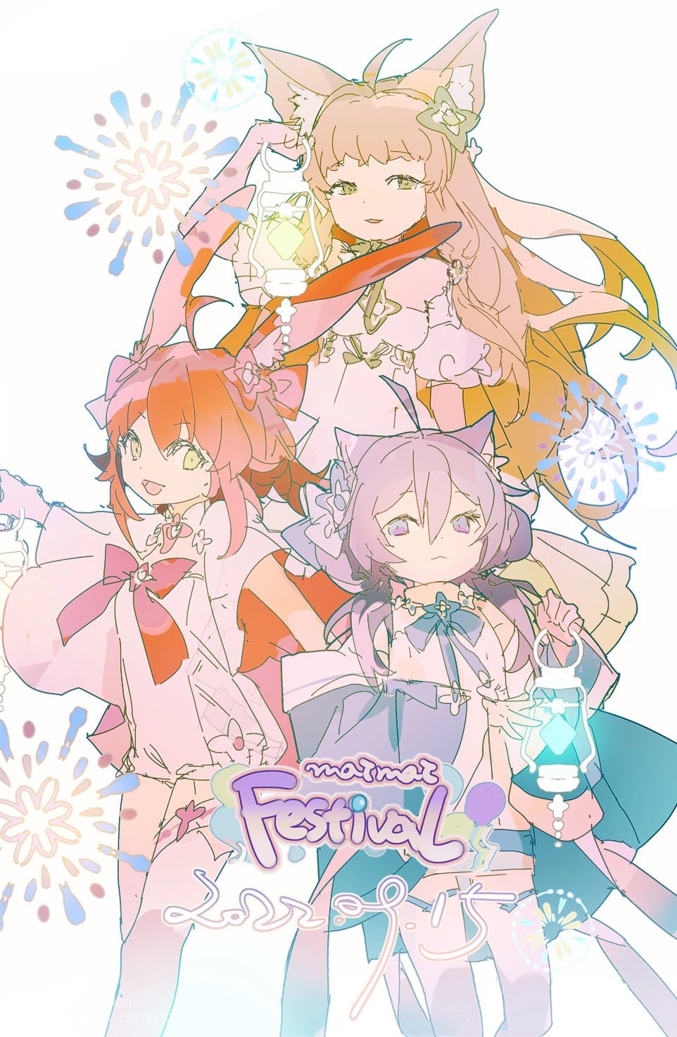 3girls ahoge animal_ear_fluff animal_ears bare_shoulders blonde_hair blunt_bangs bow bowtie capelet cat_ears chiffon_(maimai) closed_mouth copyright_name cowboy_shot dress english_text eyelashes fireworks flower flower_brooch flower_necklace fox_ears hair_bow hair_flower hair_ornament hair_over_shoulder half-closed_eyes highres holding holding_lantern jacket jacket_partially_removed lantern light_frown lobelia_(saclia) long_hair long_sleeves looking_at_viewer low_twintails maimai_(game) microskirt midriff multiple_girls navel open_mouth orange_capelet outstretched_arms parted_lips puffy_short_sleeves puffy_sleeves purple_bow purple_bowtie purple_flower purple_hair purple_jacket purple_skirt purple_sleeves rabbit_ears ras_(maimai) red_bow red_bowtie red_flower redhead salt_(maimai) shirt short_dress short_hair_with_long_locks short_sleeves simple_background single_thighhigh skirt sleeveless sleeveless_shirt smile thigh-highs turtleneck_shirt twintails two-sided_capelet very_long_hair violet_eyes white_background white_capelet white_shirt white_thighhighs wide_sleeves yellow_eyes