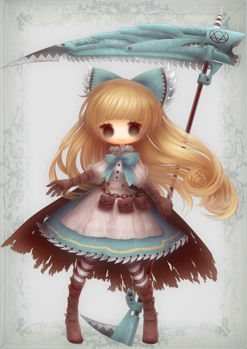 1girl black_footwear black_gloves black_pantyhose blonde_hair blue_background blue_bow blue_dress blue_eyes boots bow bright_pupils chain dress full_body gloves hair_bow hexagram highres holding holding_scythe idola light_blush long_hair looking_at_viewer original pantyhose patterned_background scythe smile solo standing star_of_david striped_clothes striped_pantyhose very_long_hair white_pantyhose white_pupils white_sleeves
