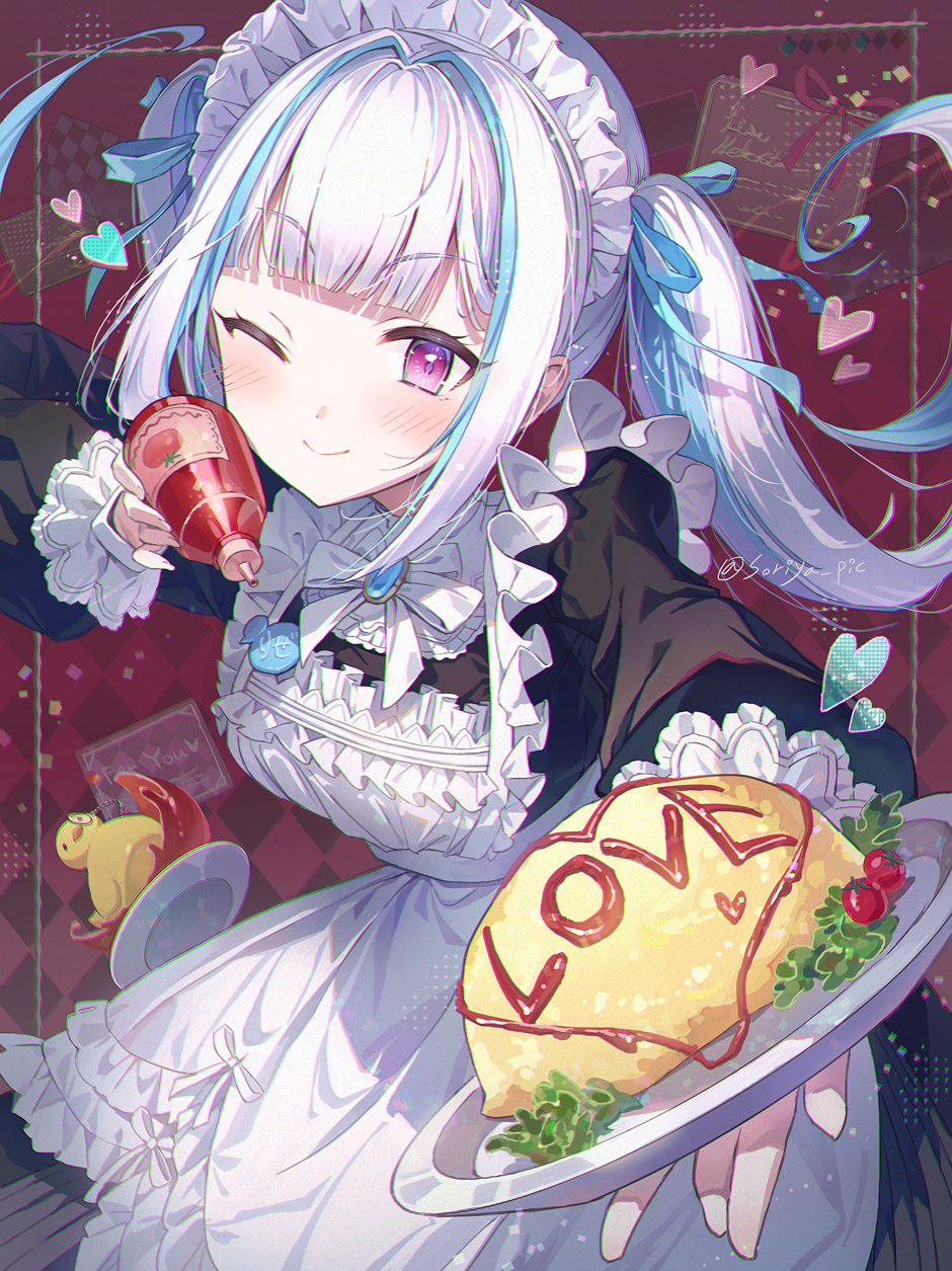 1girl alternate_costume animal-themed_food apron blue_hair blunt_bangs blush bottle cherry_tomato closed_mouth enmaided food food_writing frilled_apron frilled_hairband frills hairband heart highres holding holding_bottle holding_tray ketchup ketchup_bottle lize_helesta lize_helesta_(9th_costume) long_hair long_sleeves looking_at_viewer maid maid_apron maid_headdress multicolored_hair nijisanji omelet omikuji omurice one_eye_closed puffy_long_sleeves puffy_sleeves sidelocks solo soriya streaked_hair tomato tray twintails twitter_username vegetable violet_eyes virtual_youtuber white_apron white_hair white_hairband