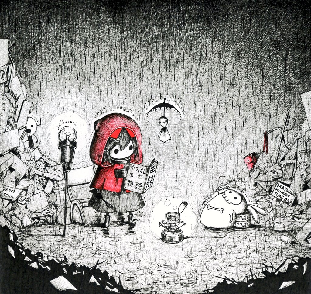 1girl backpacking_stove bag ballpoint_pen_(medium) book boots can canned_food capelet chibi coat_rack cooking creature dress floating floating_object greyscale hino_(yatara) holding holding_book holding_spoon hood hood_up hooded_capelet light_bulb mask moni_moni_skeleton_(yatara) monochrome no_mouth open_book original pile_of_trash planted rain reading reclining red_bag red_capelet ripples short_hair skull_mask solid_circle_eyes spoon spot_color staff standing teruterubouzu traditional_media trash unworn_bag wide_shot yatara
