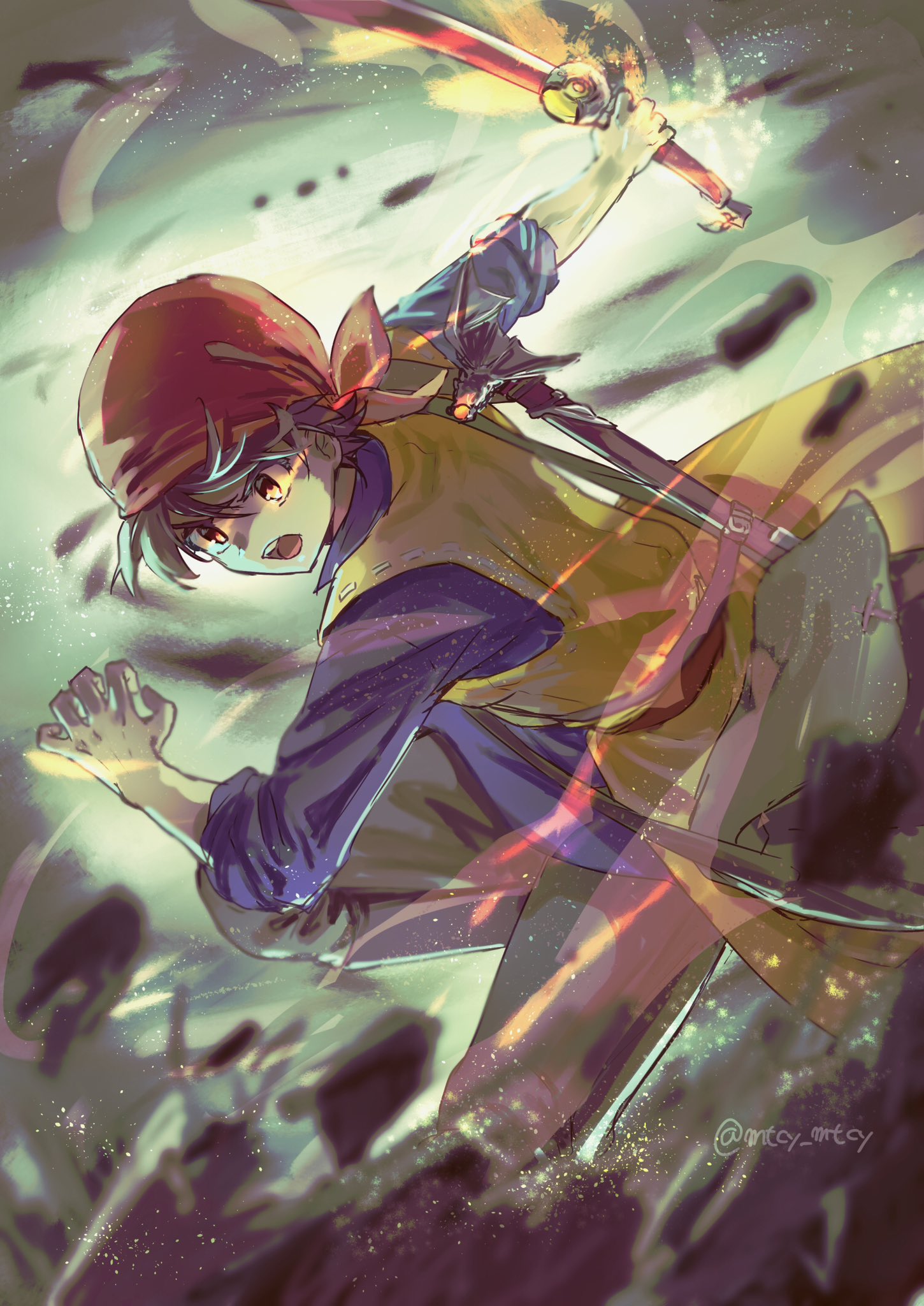 1boy bag bandana battle blue_shirt brown_eyes brown_hair coat dragon_quest dragon_quest_viii feet_out_of_frame fighting_stance hero_(dq8) highres holding holding_sword holding_weapon macho_ojiji male_focus open_mouth outstretched_arm red_bandana rock serious shirt short_hair shoulder_bag sleeves_rolled_up solo sword twitter_username weapon yellow_coat