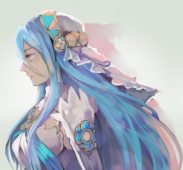 1girl azura_(fire_emblem) blue_hair closed_mouth fire_emblem fire_emblem_fates headdress jewelry long_hair looking_to_the_side pendant solo veil very_long_hair yachimata_1205 yellow_eyes