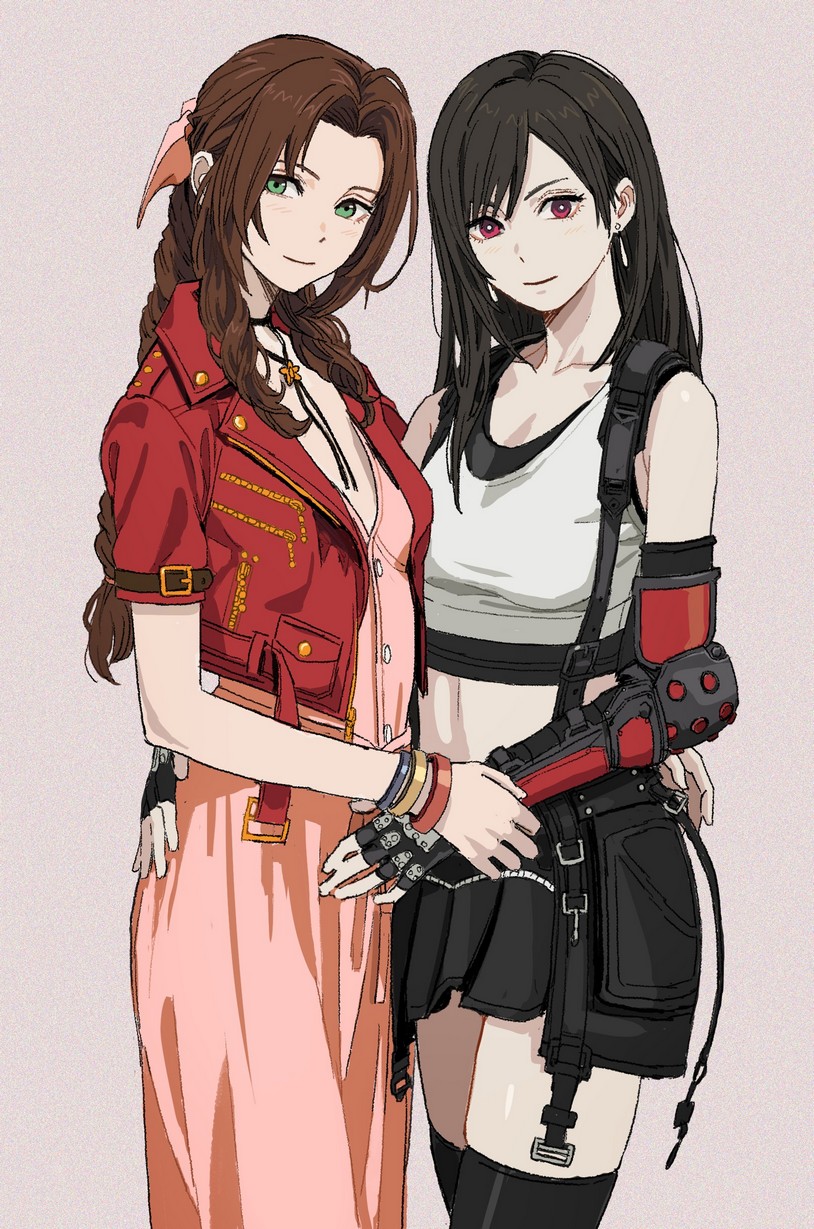 2girls aerith_gainsborough arm_around_waist black_hair black_thighhighs braid braided_ponytail brown_hair closed_mouth commentary crop_top dress earrings eyelashes final_fantasy final_fantasy_vii final_fantasy_vii_rebirth final_fantasy_vii_remake fingerless_gloves gloves green_eyes grey_background hair_ribbon highres holding_another's_wrist jacket jewelry looking_at_viewer multiple_girls navel necklace pink_dress pink_eyes pink_ribbon red_jacket ribbon shiren_(ourboy83) skindentation skirt smile suspender_skirt suspenders thigh-highs tifa_lockhart upper_body zettai_ryouiki