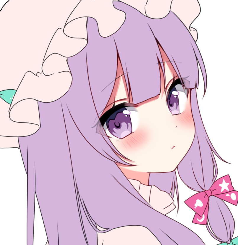 1girl blush bow close-up closed_mouth eyes_visible_through_hair flat_color frilled_hat frills hair_bow hat long_hair looking_at_viewer mob_cap patchouli_knowledge pink_bow pink_headwear portrait purple_hair shinonome_asu sidelocks simple_background solo star_(symbol) touhou turning_head unfinished violet_eyes white_background