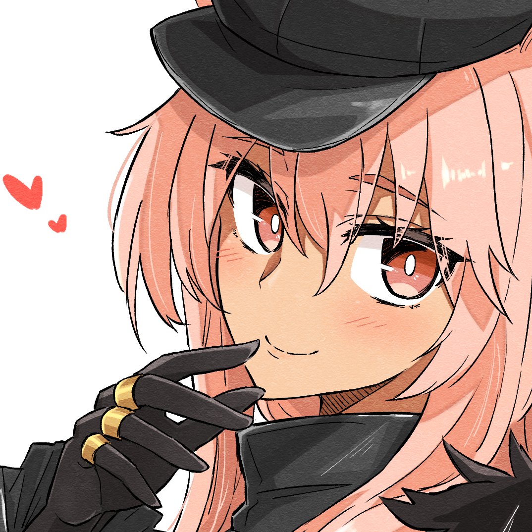 1girl arknights black_gloves black_headwear blush cabbie_hat closed_mouth commentary_request gloves gravel_(arknights) hair_between_eyes hand_up hat heart long_sleeves looking_at_viewer maiq06 pink_hair portrait red_eyes simple_background sleeves_past_wrists smile solo thick_eyebrows white_background