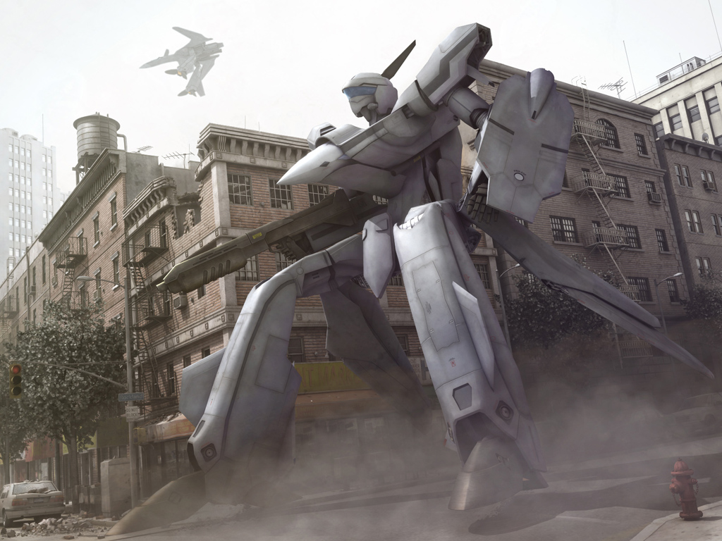 artist_request battle building car city cloud clouds damaged dust fire_hydrant flying gun gunpod jet macross macross_7 macross_plus mecha motor_vehicle realistic rifle ringpull ruins shield sky traffic_light u.n._spacy vehicle vf-19 weapon yf-19