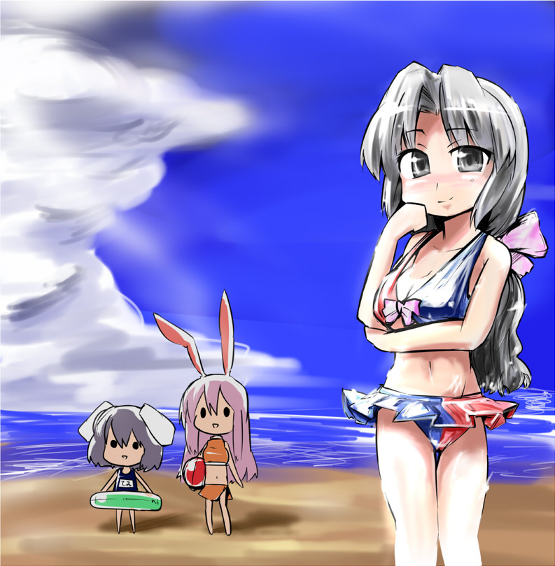 :d adapted_costume alternate_costume ball bangs beach beachball bikini blue_sky bow breast_hold breasts chibi cleavage cloud grey_eyes grey_hair hair_bow hand_on_own_cheek hashimoto inaba_tewi innertube long_hair looking_at_viewer midriff miniskirt multiple_girls navel ocean one-piece_swimsuit open_mouth outdoors parted_bangs pink_hair pleated_skirt reisen_udongein_inaba skirt sky smile solid_circle_eyes standing strap_gap swimsuit tankini touhou yagokoro_eirin