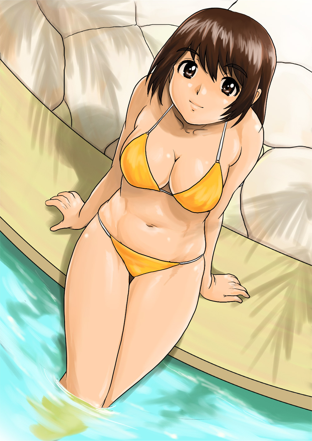 bikini brown_eyes brown_hair funky-harem highres looking_up navel pool poolside shiny shiny_skin short_hair shu-z swimsuit yotsubato!