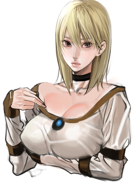 1girl bangs blonde_hair blouse breasts brooch bust capcom choker cleavage demento fiona_belli grey_eyes hair_down inkey jewelry lips looking_at_viewer lowres parted_lips pixiv_manga_sample simple_background sketch white_background