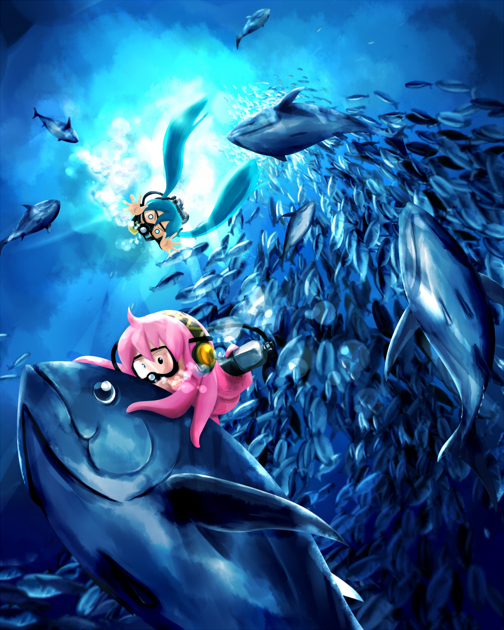 ban_(777purin) fish hachune_miku hatsune_miku highres long_hair megurine_luka o_o pink_hair scuba takoluka tentacles tuna twintails underwater vocaloid white_eyes