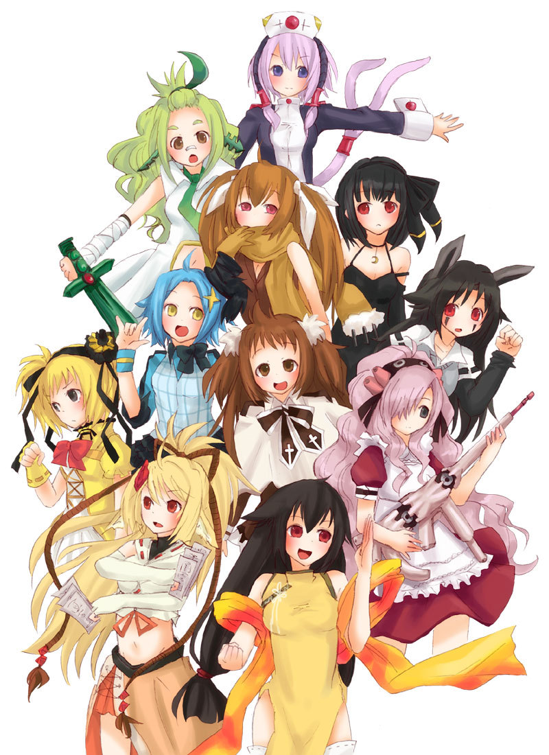 :d ahoge ampharos animal_ears annotated apron bandages bare_shoulders black_dress black_eyes black_hair blonde_hair blue_eyes blue_hair bow brown_eyes brown_hair china_dress chinese_clothes clenched_hand dress eevee elbow_gloves espeon facial_mark fighting_stance fingerless_gloves fist forretress fuwayu gloves green_hair gun hair_bow hair_ornament hair_over_one_eye hat jewelry lavender_hair leafeon long_hair lopunny luxray midriff mightyena moemon multiple_girls necktie ninetales open_mouth pendant personification pink_eyes pokemon purple_hair red_eyes scarf shinx simple_background smile stance star sword tail translation_request twintails typhlosion umbreon very_long_hair weapon wrist_cuffs yellow_eyes