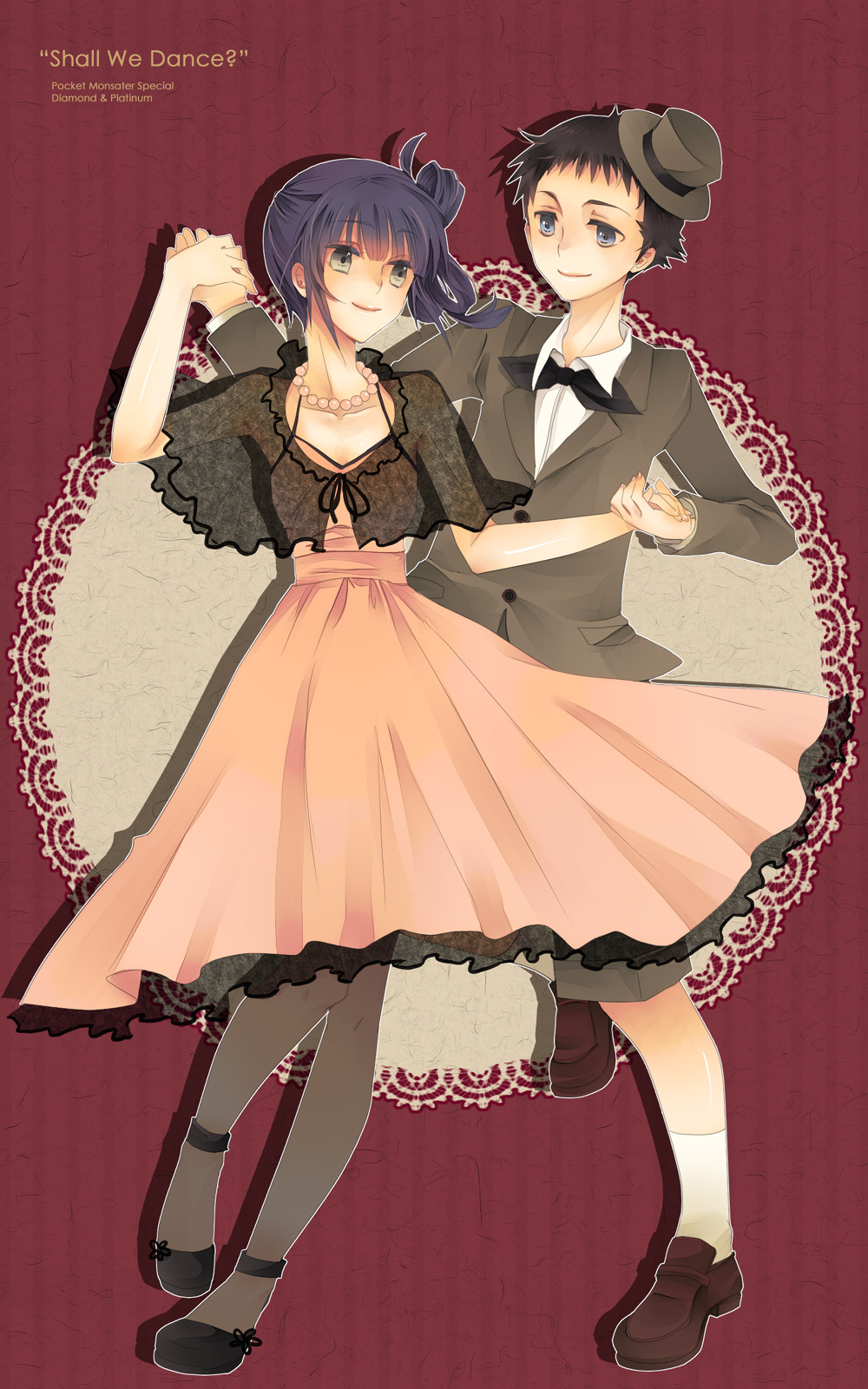 1boy 1girl alternate_hairstyle black_hair blue_eyes blue_hair couple dancing diamond_(pokemon) dress formal grey_eyes hat highres jewelry jikei necklace pantyhose platinum_berlitz pokemon pokemon_special see-through shawl transparent_clothing tuxedo