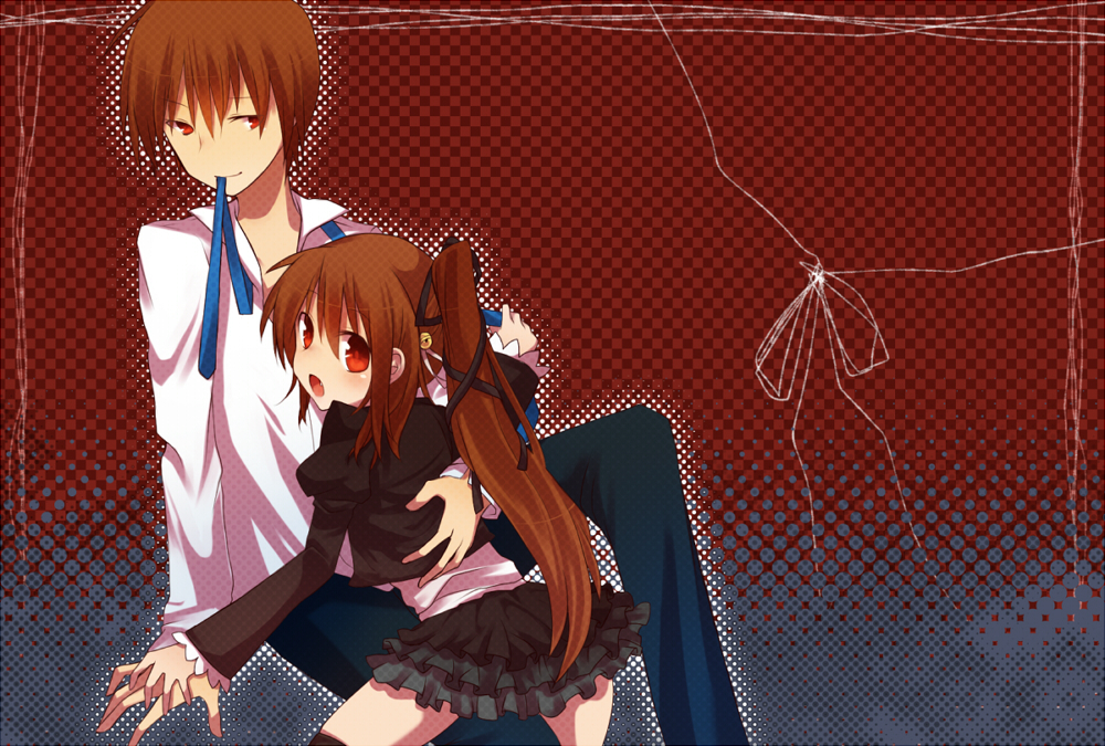 brother_and_sister brown_hair dress frills height_difference little_busters!! long_hair mouth_hold natsume_kyousuke natsume_rin ponytail red_eyes short_hair siblings tsume_(artist)