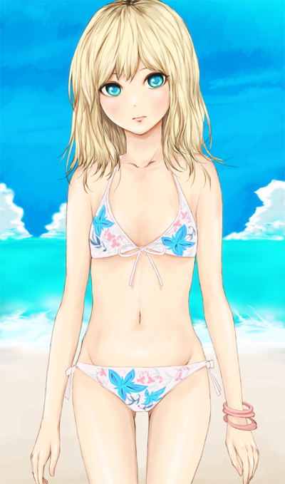 bikini blonde_hair blue_eyes flat_chest floral_print original saijou_hirokazu short_hair solo swimsuit thigh_gap