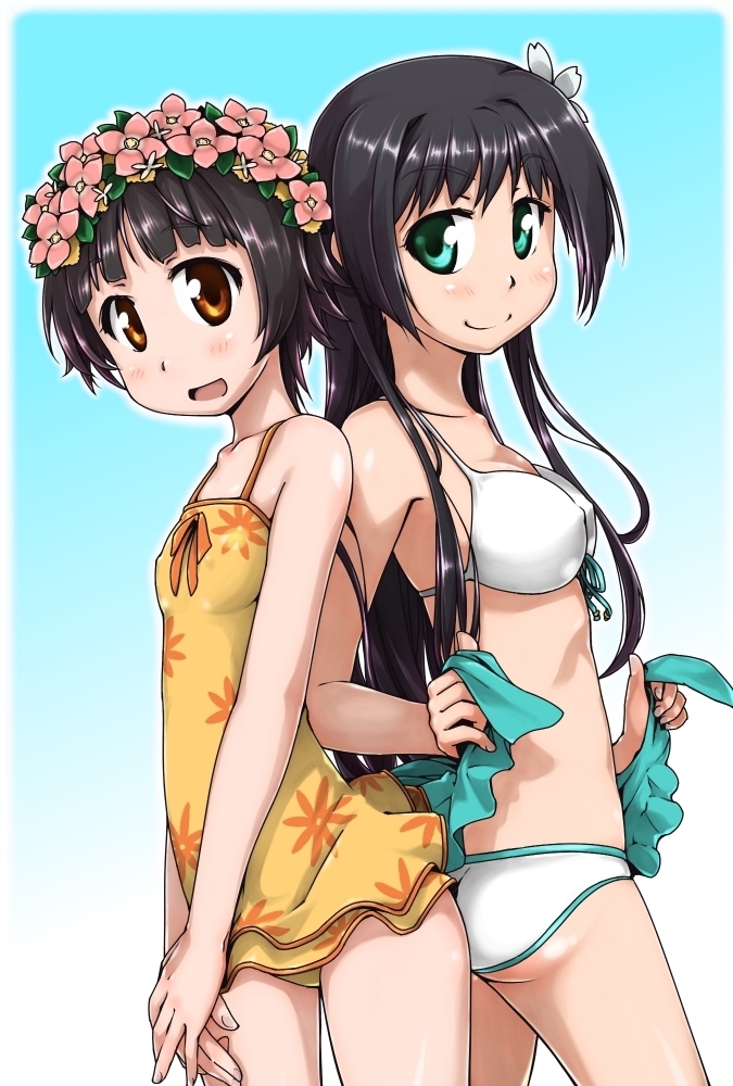 aqua_eyes back-to-back bikini black_hair brown_eyes casual_one-piece_swimsuit flower hair_flower hair_ornament head_wreath long_hair multiple_girls one-piece_swimsuit saten_ruiko short_hair swimsuit to_aru_kagaku_no_railgun to_aru_majutsu_no_index ttomm uiharu_kazari