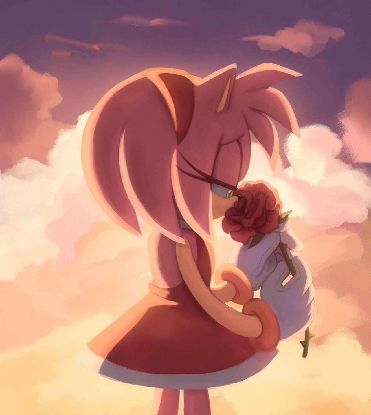 1girl ame_(beeames) amy_rose bracelet clouds cloudy_sky cowboy_shot dress eyelashes flower furry furry_female gloves gold_bracelet green_eyes hairband hands_up hedgehog_girl highres holding holding_flower jewelry profile red_dress red_flower red_hairband red_rose rose short_dress sky sleeveless sleeveless_dress smelling_flower solo sonic_(series) standing sunset white_gloves