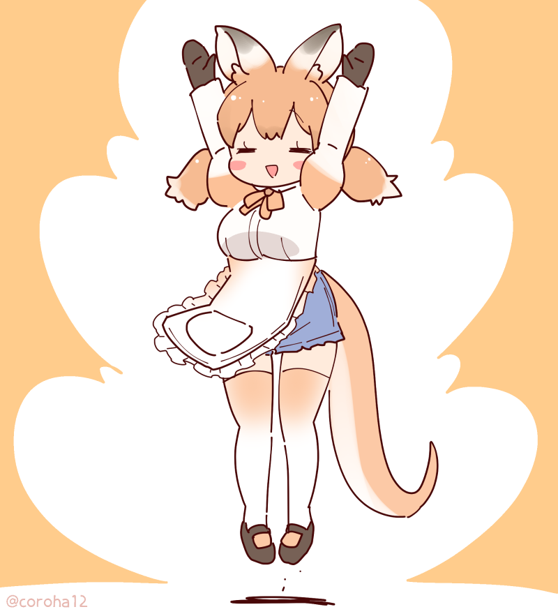 1girl animal_ears apron arms_up bow bowtie brown_hair coroha extra_ears full_body gloves jumping kangaroo_ears kangaroo_girl kangaroo_tail kemono_friends long_hair looking_at_viewer orange_background red_kangaroo_(kemono_friends) shirt shoes shorts simple_background solo tail thigh-highs twintails