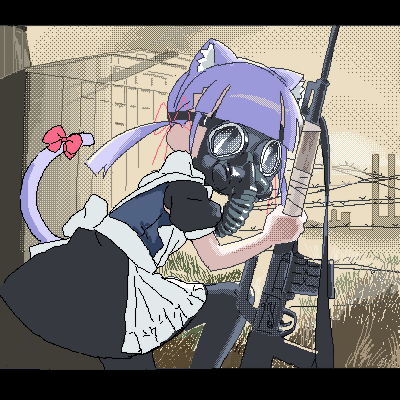 1girl animal_ear_hairband animal_ears apron back_bow bad_gun_anatomy barbed_wire black_dress black_pantyhose blunt_bangs bow cat_ear_hairband cat_ears cat_tail covered_face dithering dress facing_to_the_side facing_viewer factory fake_animal_ears feet_out_of_frame from_side gas_mask grass gun hair_ribbon hairband holding holding_gun holding_weapon jaggy_lines letterboxed lokulo-chan lokulo_no_mawashimono long_hair low_twintails lowres maid mask on_one_knee original outdoors pantyhose parody planted puffy_short_sleeves puffy_sleeves purple_hair red_bow red_ribbon revision ribbon rifle short_dress short_sleeves solo stalker_(game) tail tail_bow tail_ornament tail_raised topless twintails violet_eyes warehouse weapon white_bow yellow_background