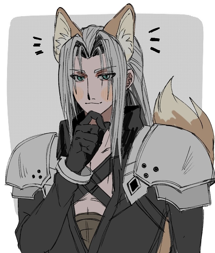 1boy animal_ears armor belt black_coat black_gloves blush_stickers chest_strap coat commentary final_fantasy final_fantasy_vii final_fantasy_vii_remake fox_boy fox_ears fox_tail gloves green_eyes grey_hair hand_on_own_chin hand_up high_collar kemonomimi_mode long_bangs long_coat long_hair long_sleeves looking_at_viewer male_focus mtr_dayoo muted_color parted_bangs pauldrons screentones sephiroth shoulder_armor smirk solo standing symbol-only_commentary tail upper_body