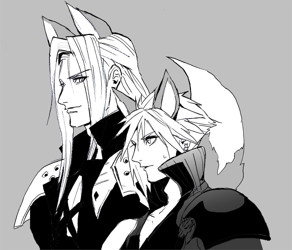 2boys animal_ears armor black_coat chest_strap cloud_strife coat final_fantasy final_fantasy_vii final_fantasy_vii_advent_children final_fantasy_vii_remake fox_ears fox_tail grey_background greyscale high_collar kemonomimi_mode ljnww6 long_bangs long_hair looking_at_another looking_down looking_to_the_side male_focus monochrome multiple_boys open_clothes open_coat parted_bangs parted_lips pauldrons sephiroth short_hair shoulder_armor simple_background single_pauldron sleeveless slit_pupils smile spiky_hair sweatdrop tail upper_body