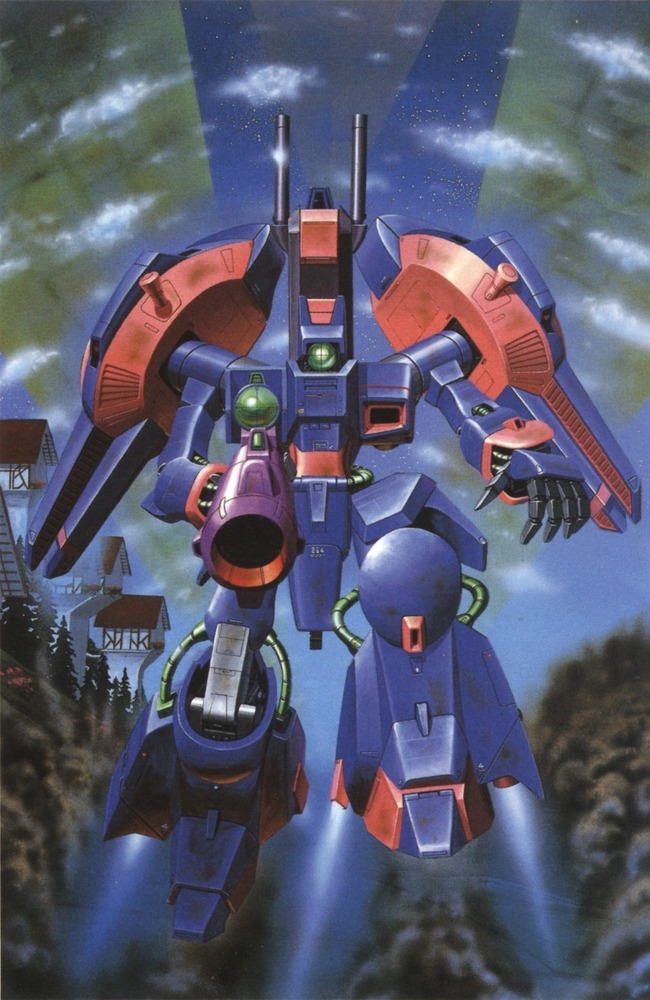 1980s_(style) aiming aiming_at_viewer beam_cannon beam_rifle cable clouds concept_art energy_gun flying gaza-d gundam gundam_zz house ishibashi_ken'ichi machinery mecha mobile_suit neo_zeon no_humans official_art one-eyed painting_(medium) retro_artstyle robot scan science_fiction space_station spacecraft_interior traditional_media vernier_thrusters weapon