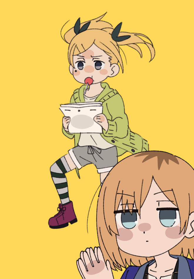 2girls blonde_hair blue_eyes boots candy cardigan clapping expressionless food green_cardigan grey_eyes kyoufuu_all_back_(vocaloid) light_brown_hair lollipop miyahara_takuya miyamori_aoi mouth_hold multiple_girls palms_together paper parody shirobako short_hair shorts simple_background striped_clothes striped_thighhighs thigh-highs twintails wind yano_erika yellow_background