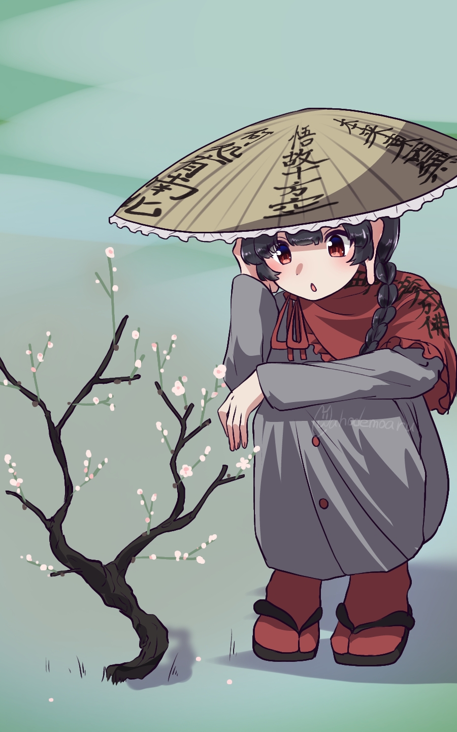 1girl :o ahodemoaru ajirogasa bare_tree black_hair blue_background braid brown_headwear buttons capelet clothes_writing dress flip-flops frilled_hat frilled_headwear frills full_body grey_dress hat highres long_earlobes long_sleeves one-hour_drawing_challenge open_mouth red_capelet red_eyes red_socks sandals simple_background socks squatting touhou tree twin_braids yatadera_narumi
