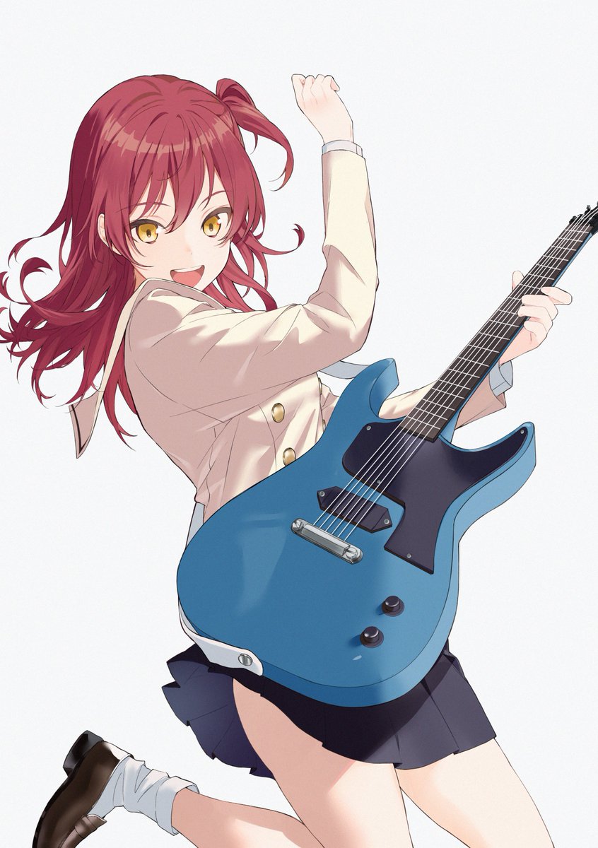 1girl :d arm_up bare_legs black_skirt bocchi_the_rock! brown_footwear buttons electric_guitar fender_telecaster guitar hair_between_eyes highres holding holding_guitar holding_instrument icercck instrument jumping kita_ikuyo loafers long_hair long_sleeves looking_at_viewer one_side_up open_mouth pleated_skirt redhead sailor_collar school_uniform shirt shoes simple_background skirt smile socks solo teeth thighs upper_teeth_only white_background white_socks yellow_eyes yellow_sailor_collar yellow_shirt