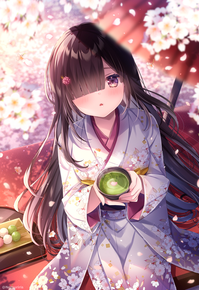 1girl black_hair blurry blurry_foreground blush commentary_request cup dango depth_of_field floral_print flower food gradient_kimono grey_kimono hair_flower hair_ornament hair_over_one_eye hairclip holding holding_cup japanese_clothes kimono long_hair long_sleeves looking_at_viewer nemuri_nemu obi oil-paper_umbrella original parted_lips pink_flower print_kimono red_umbrella sanshoku_dango sash sitting solo twitter_username umbrella very_long_hair violet_eyes wagashi white_flower white_kimono wide_sleeves