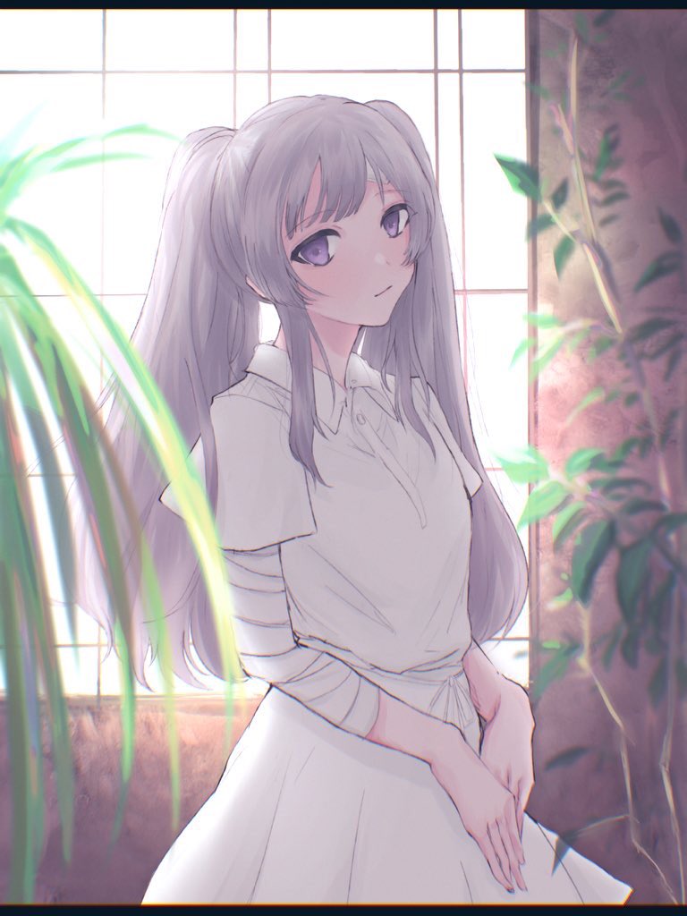 1girl bandaged_arm bandages bandaid bandaid_on_face blank_eyes blouse brown_background cropped_legs expressionless grey_hair hand_on_own_stomach head_tilt idolmaster idolmaster_shiny_colors jitome light light_smile looking_at_viewer looking_to_the_side mmntmrt plant potted_plant shirt skirt solo twintails violet_eyes white_shirt white_skirt window yukoku_kiriko
