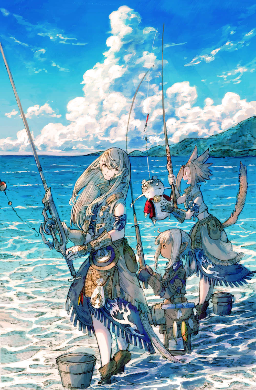 3girls animal_ears arm_guards armband au_ra bag beach bell belt black_footwear blonde_hair blue_skirt blue_sky brown_eyes brown_footwear bucket cat_ears cat_girl cat_tail clouds coat collared_coat collared_jacket cropped_jacket day dragon_girl dragon_horns dragon_tail final_fantasy final_fantasy_xiv fishing fishing_rod fringe_trim from_side full_body grey_coat grey_jacket grey_skirt hatching_(texture) high_collar highres holding holding_fishing_rod horizon horns jacket jingle_bell lalafell long_hair looking_to_the_side medium_hair miqo'te multiple_girls namazu neck_bell ocean outdoors peppermint_jet pointy_ears pouch scales scenery short_hair sidelocks sideways_glance sitting skirt sky sleeveless sleeveless_coat smile standing tail tail_raised warrior_of_light_(ff14) water white_hair