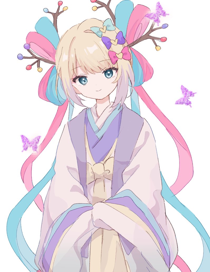 1girl blonde_hair blue_bow blue_eyes blue_hair blunt_bangs bow branch bug butterfly closed_mouth cowboy_shot gekkou_chou hair_bow hair_rings japanese_clothes kabe_(zp66104) kimono long_hair long_sleeves looking_at_viewer multicolored_hair multiple_hair_bows needy_girl_overdose official_alternate_costume pink_bow pink_hair purple_bow simple_background smile solo very_long_hair white_background wide_sleeves