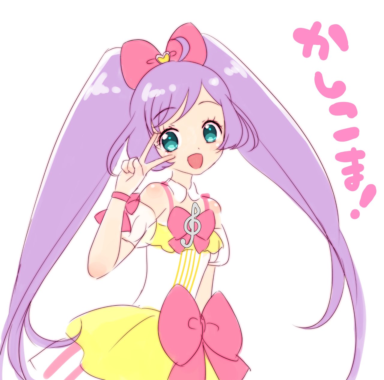 1girl :d ahoge blue_eyes bow commentary_request cowboy_shot detached_sleeves dress hair_bow hand_up highres idol_clothes kanagai_yukiko kashikoma! long_hair looking_at_viewer manaka_laala multicolored_clothes multicolored_dress open_mouth pink_bow pretty_series pripara puffy_detached_sleeves puffy_sleeves purple_hair simple_background smile solo standing treble_clef twintails v v_over_eye very_long_hair white_background